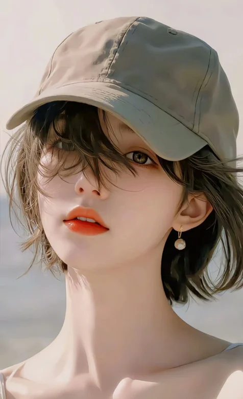 戴着帽子的漂亮，可人，红唇，短发AI美女手机壁纸图片
