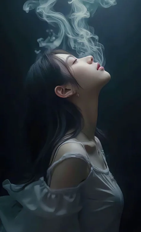 吐烟雾的女生，烟雾，昂着头，闭着眼睛吐烟雾的美女手机壁纸图片