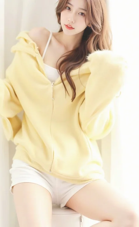 黄衣 白色短裤 美女小姐姐居家写真手机壁纸图片