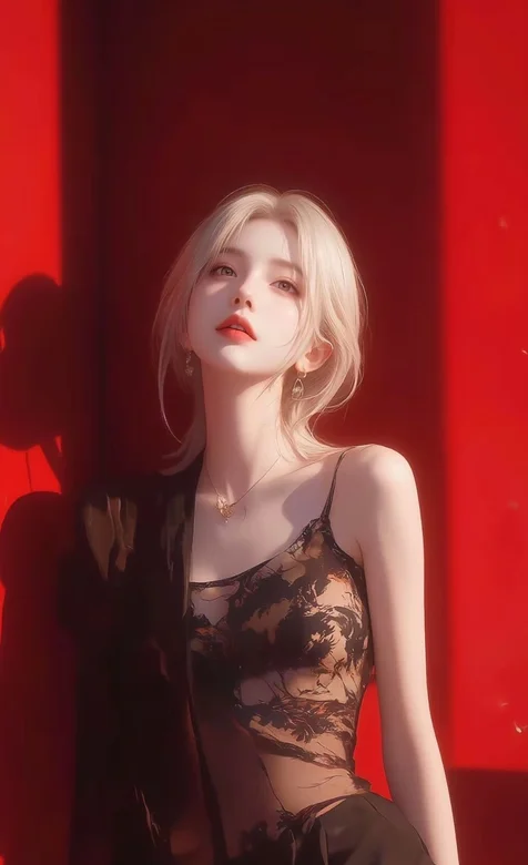 红墙，黄色头发，黑色蕾丝吊带衣，高颜值AI美女手机壁纸图片