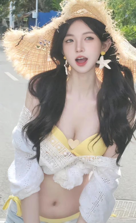 街拍比基尼内衣，牛仔短裤青春美少女手机壁纸图片