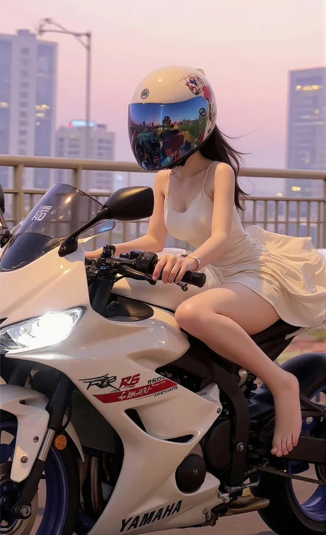 骑这摩托车行驶在城市路上的酷飒白裙AI女生手机壁纸图片