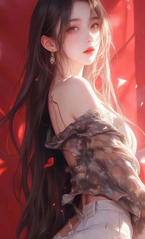 红色 浪漫，侧身看着你的抹胸衣加牛仔裤AI美女手机壁纸图片