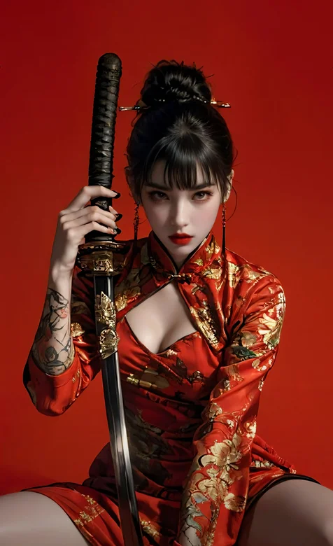 手扶着刀，旗袍装AI美女酷飒手机壁纸图片