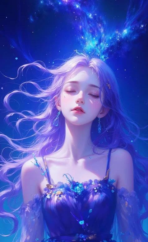 梦幻唯美！蓝色星空下，AI美少女身着吊带抹胸裙，闭眼享受宁静瞬间手机壁纸