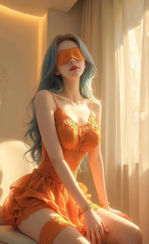 AI 蒙眼佳人：蕾丝吊带睡裙搭配丝袜美腿的梦幻影像手机壁纸