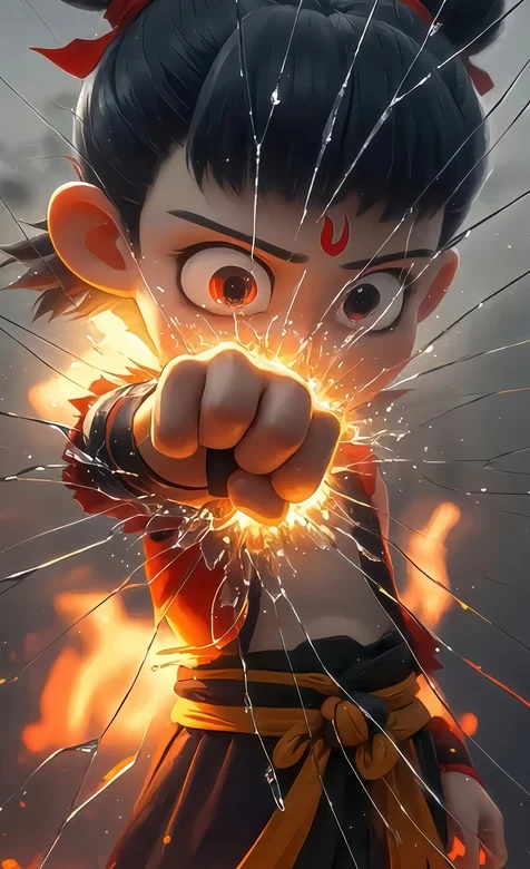 哪吒IP新演绎：AI技术加持，击碎玻璃震撼你的眼球手机壁纸图片