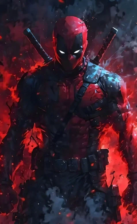 从红色烈焰中走来，背着双刀的死侍，酷帅手机壁纸图片