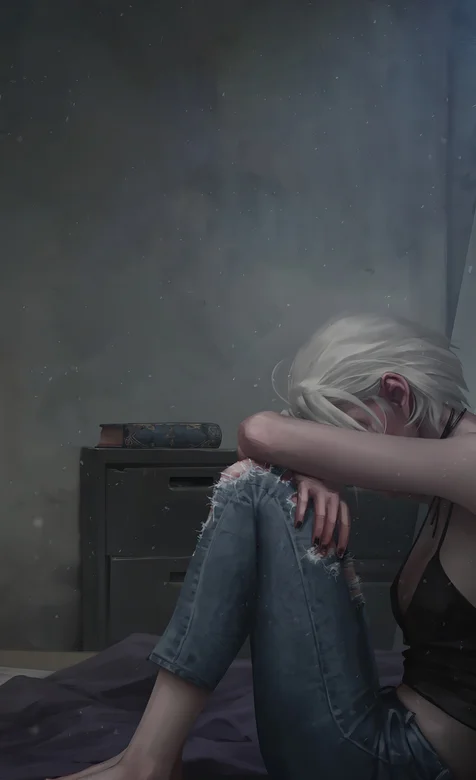 低着头，抱着膝盖，坐在墙边的吊带衣牛仔裤AI美女伤感手机壁纸图片