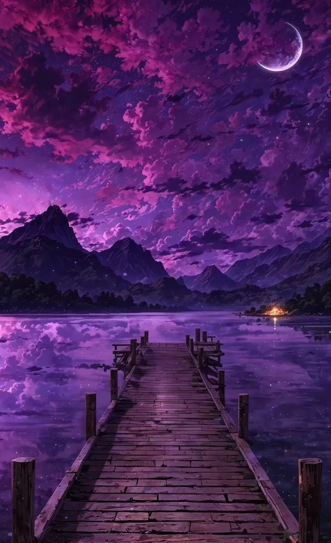 紫色云彩，木栈道，通往远方，邂逅海边浪漫AI美图手机壁纸