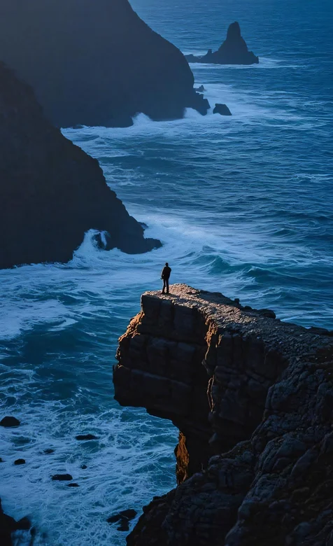 鸟瞰视角，大海，汹涌波涛，站着巨大悬崖边男人孤影一个人手机壁纸图片