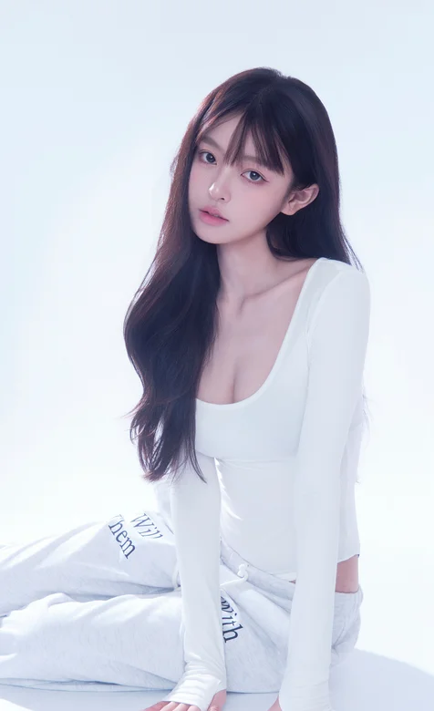 慵懒随性风穿搭！紧身衣配休闲裤的长发美女写真手机壁纸