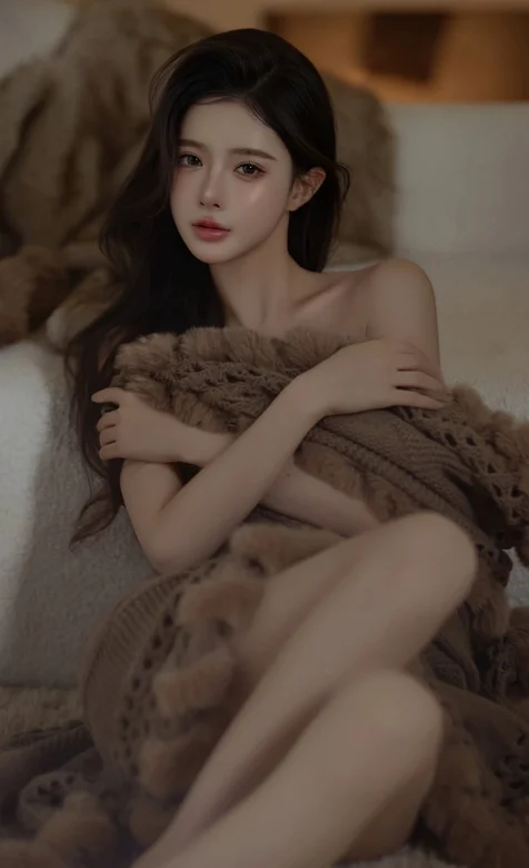 香肩美腿 + 苗条身材，半裹毛衣纯欲风美女氛围感写真手机壁纸