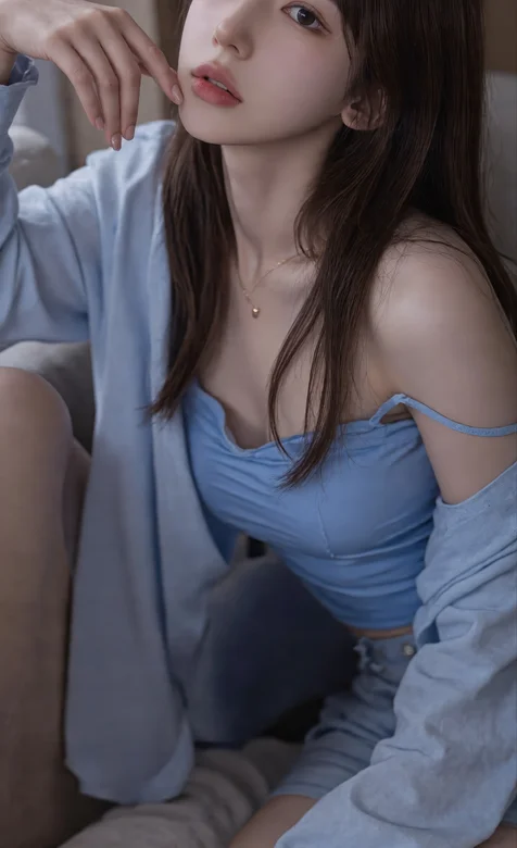 氛围感AI美女，蓝色吊带纯欲风春日少女手机壁纸图片