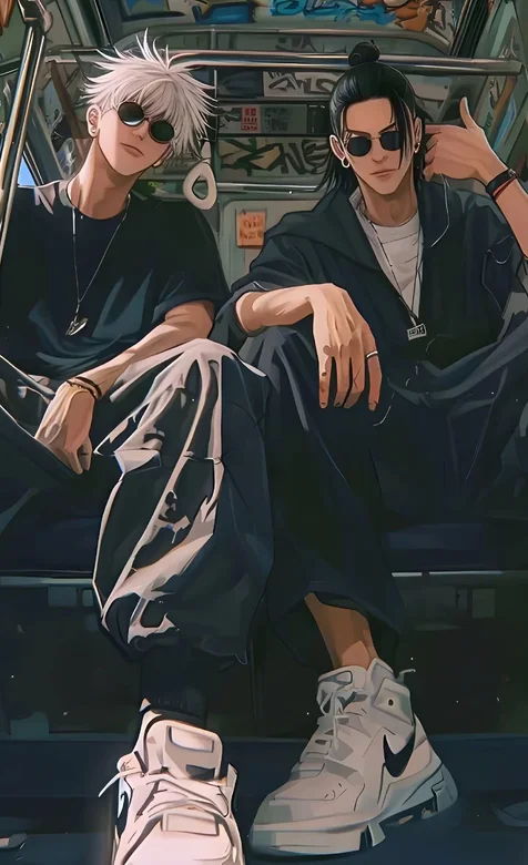 坐在公交上的两个酷帅，年轻，眼镜男插画手机壁纸图片