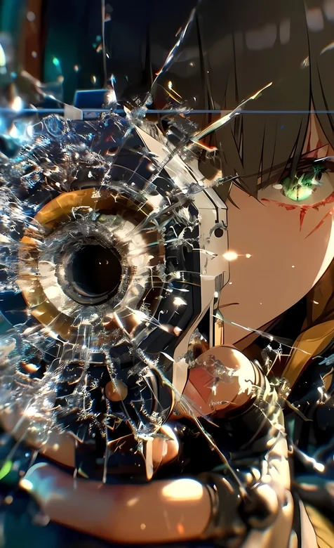 手持枪械，玻璃呈现出破碎状，绿色眼眸少女手机插画壁纸