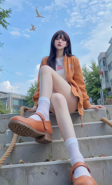 蓝天，白云，坐在台阶上的大长腿美少女独特角度拍摄AI手机壁纸图片