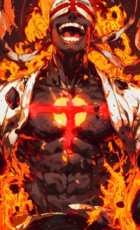 白色短发，胸前十字架，蒙着眼睛的肌肉男动漫人物火焰环绕手机壁纸图片