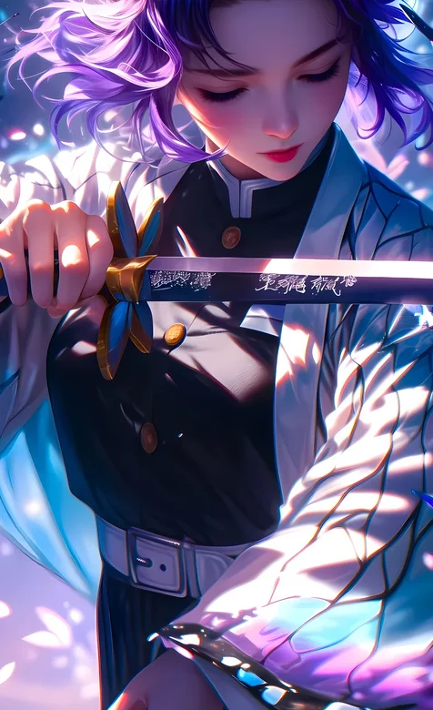 蝴蝶忍插画，光影绚丽背景，手拿武士刀的蝴蝶忍AI手机壁纸图片