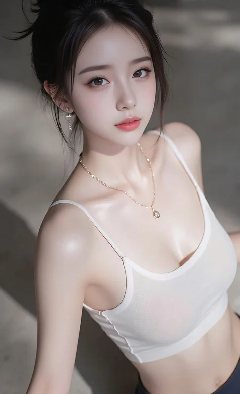 AI出奇迹啊！坐在地板上，穿着白色吊带运动背心AI美女手机壁纸图片