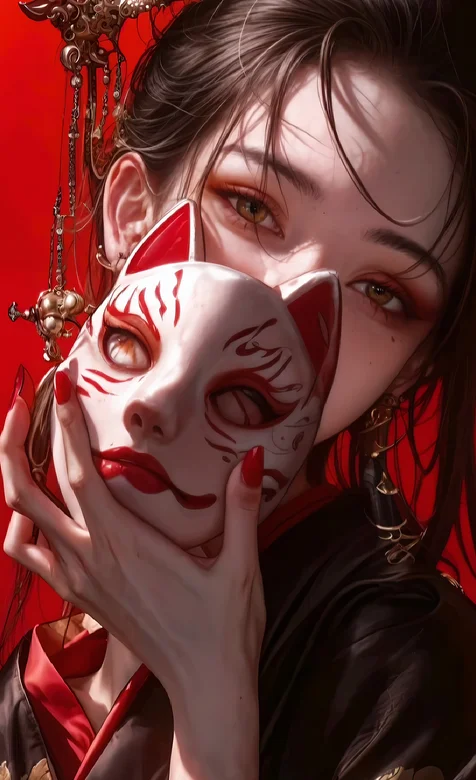 手持白底红纹狐面面具，头发高高盘起，典雅华贵的AI古风美女手机壁纸图片