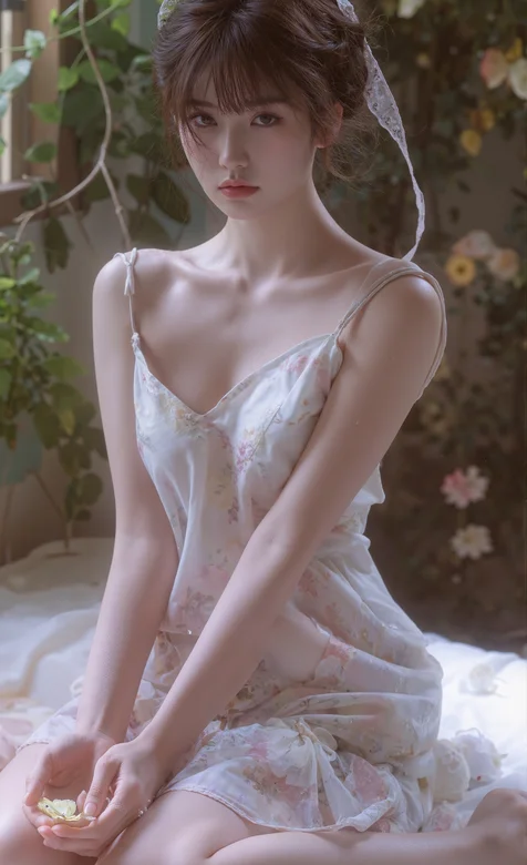 甜美清新，蹲坐在床上，穿着吊带碎花裙的美女舒适惬意手机壁纸