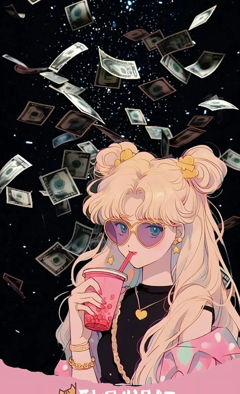 美少女战士，到你发财了文字，喝着饮料的美少女战士创意插画壁纸图片