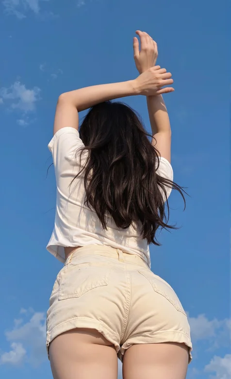 仰拍视角，蓝天白云下的短裤美女背影手机壁纸图片