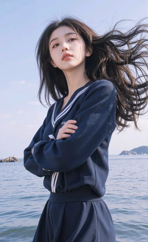 海边，抱着双臂，秀发飞扬的AI学生美女手机壁纸图片