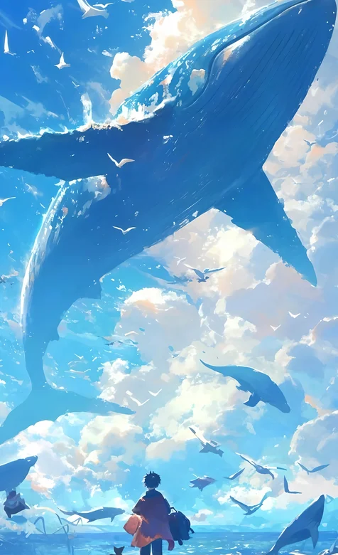 海边唯美动漫，大鱼，小男孩背影，白云，蓝天，飞鸟 场景手机壁纸图片