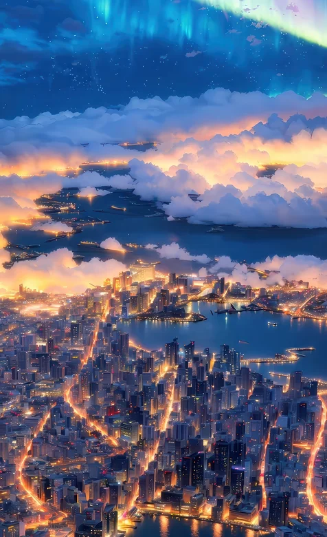 俯瞰，灯火辉煌的城市，云朵，唯美壁纸图片