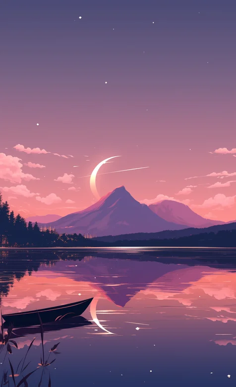 夕阳，湖中，湖水，一艘小船，渔舟，远处的山峰，弯月唯美插画手机壁纸