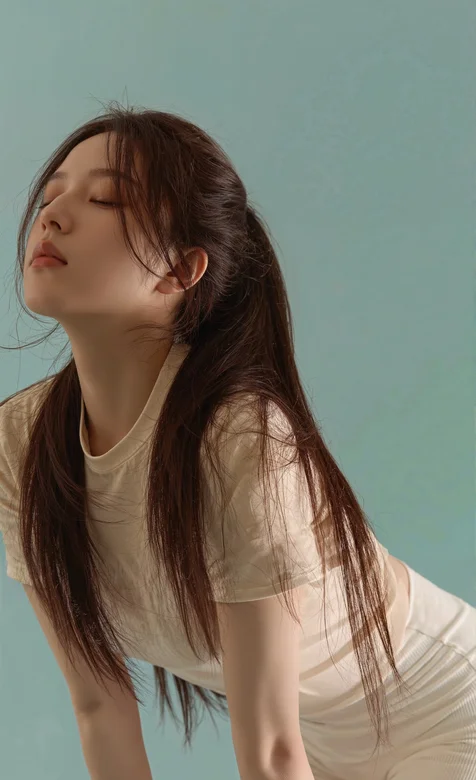 闭着眼睛，双手扶着膝盖，超好看侧颜美女手机壁纸图片