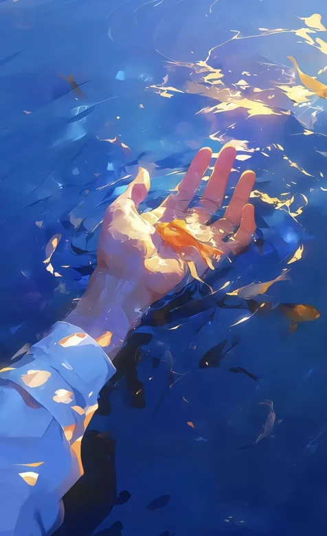 水波，湖水荡漾，放生金鱼的手，唯美AI插画手机壁纸图片