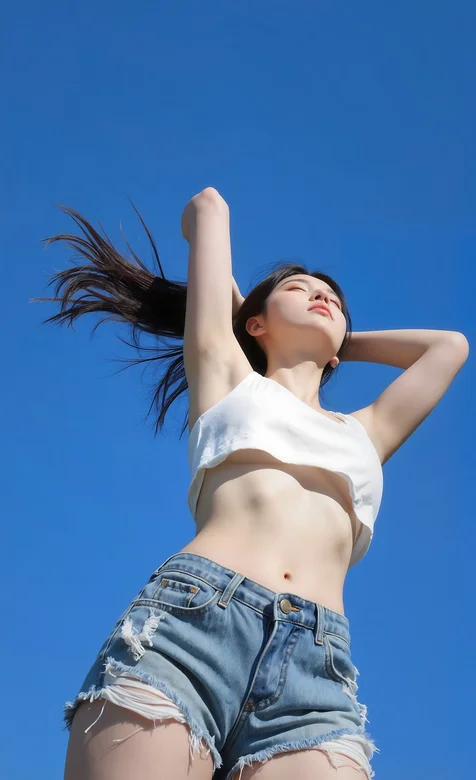 独特的仰望视觉，身着蓝色牛仔短裤，白色衣服的AI美女手机壁纸图片