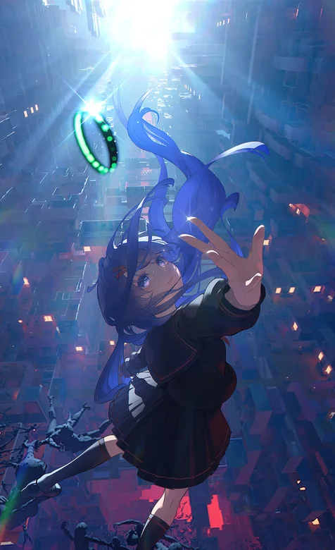 悬浮于空中，蓝紫色长发，少女，伸手，绿色发光圆环，科幻风格动漫插画手机壁纸