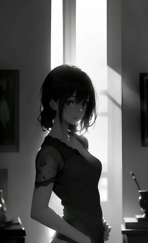 身着黑色蕾丝睡衣的性感动漫美女黑白风格手机壁纸图片