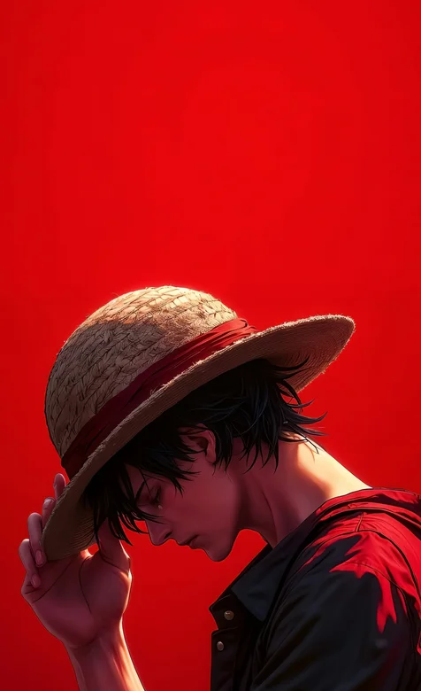 路飞AI图，日本漫画《海贼王》人物路飞微微低头，单手扶帽手机壁纸图片
