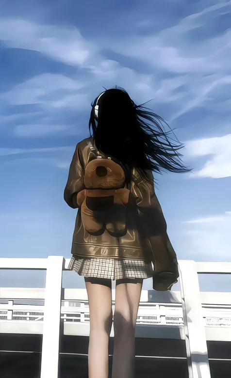 戴着随身听的JK裙动漫少女背影插画手机壁纸图片