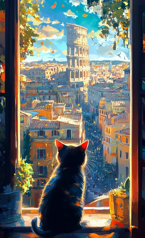 城市，城镇，欧美建筑，一只蹲坐在窗户前的猫咪背影手机壁纸图片