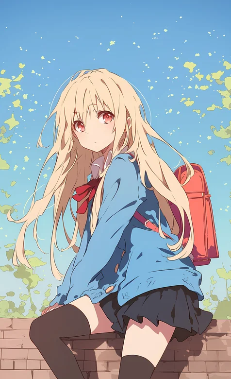 蓝天，坐在半人高红色砖墙上的JK裙二次元少女手机壁纸图片