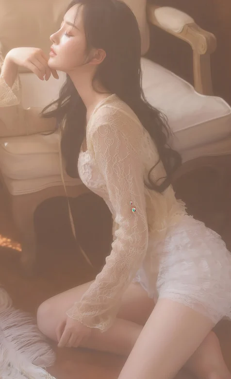 朦胧感美女，靠坐在沙发凳子旁的性感好身材美女手机壁纸图片