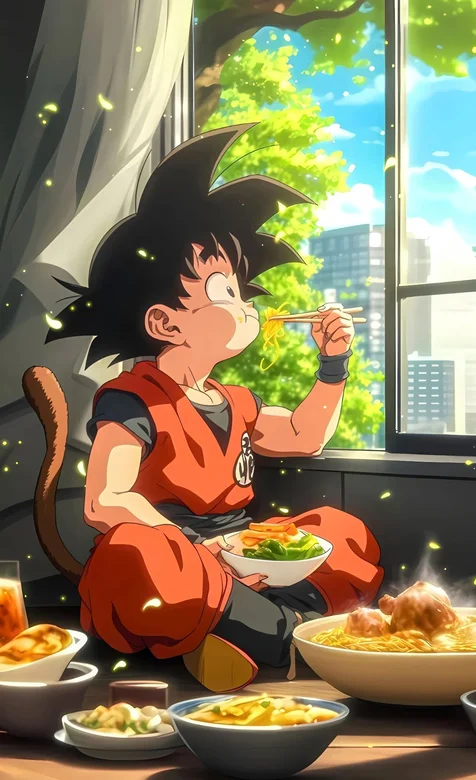 龙珠悟空，靠坐在窗台上的吃饭Q版悟空可爱卡通手机壁纸图片