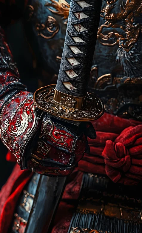 威风凛凛，身着铠甲，拿武士刀的手特写手机壁纸图片