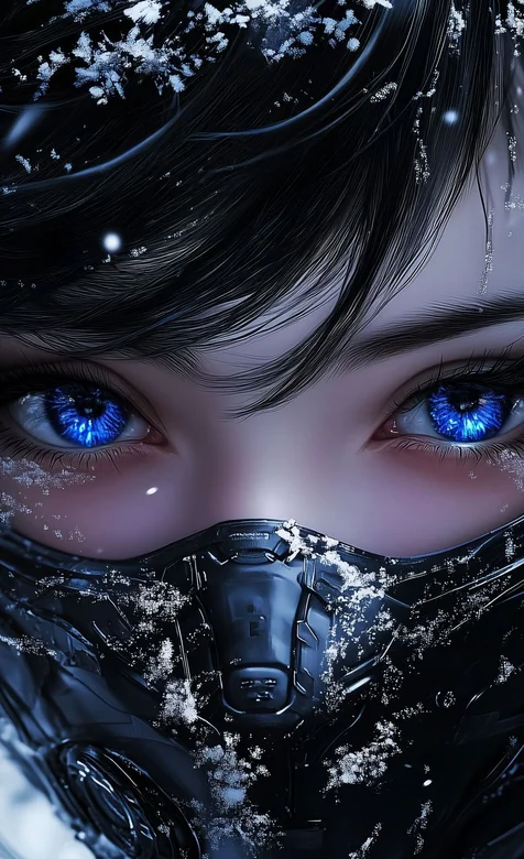 戴着面罩，头上有雪花，蓝色大眼睛的AI女生神秘且冰冷氛围手机壁纸图片