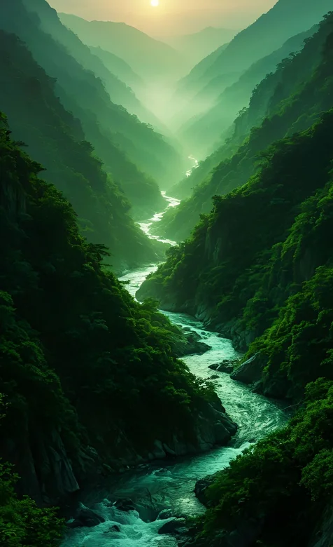 连绵蜿蜒的河流，山谷，植被茂密的峡谷景观氛围感手机壁纸图片