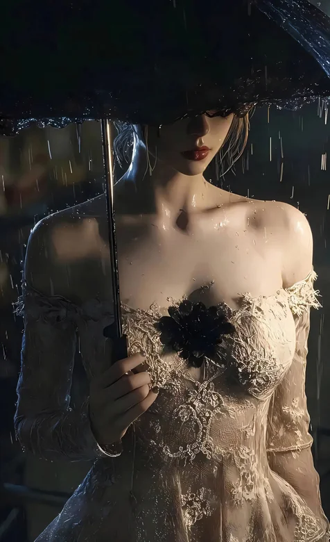 雨帘遮面，蕾丝裹身，在雨中，手拿一把黑伞，行走在夜色中的蕾丝衣女人手机壁纸