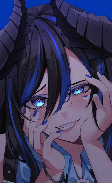 异色瞳 + 恶魔角！这个蓝调少女壁纸超绝