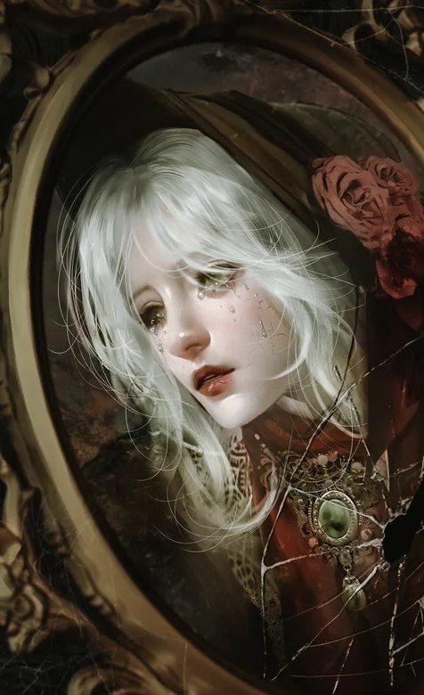 破碎镜框中的苍白哀伤，哥特风少女壁纸