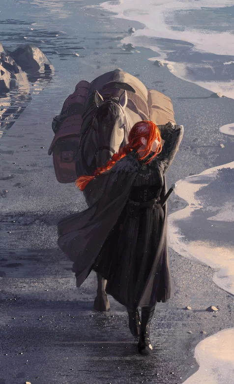 寒地行迹，红发剑客和马匹的冒险瞬间壁纸